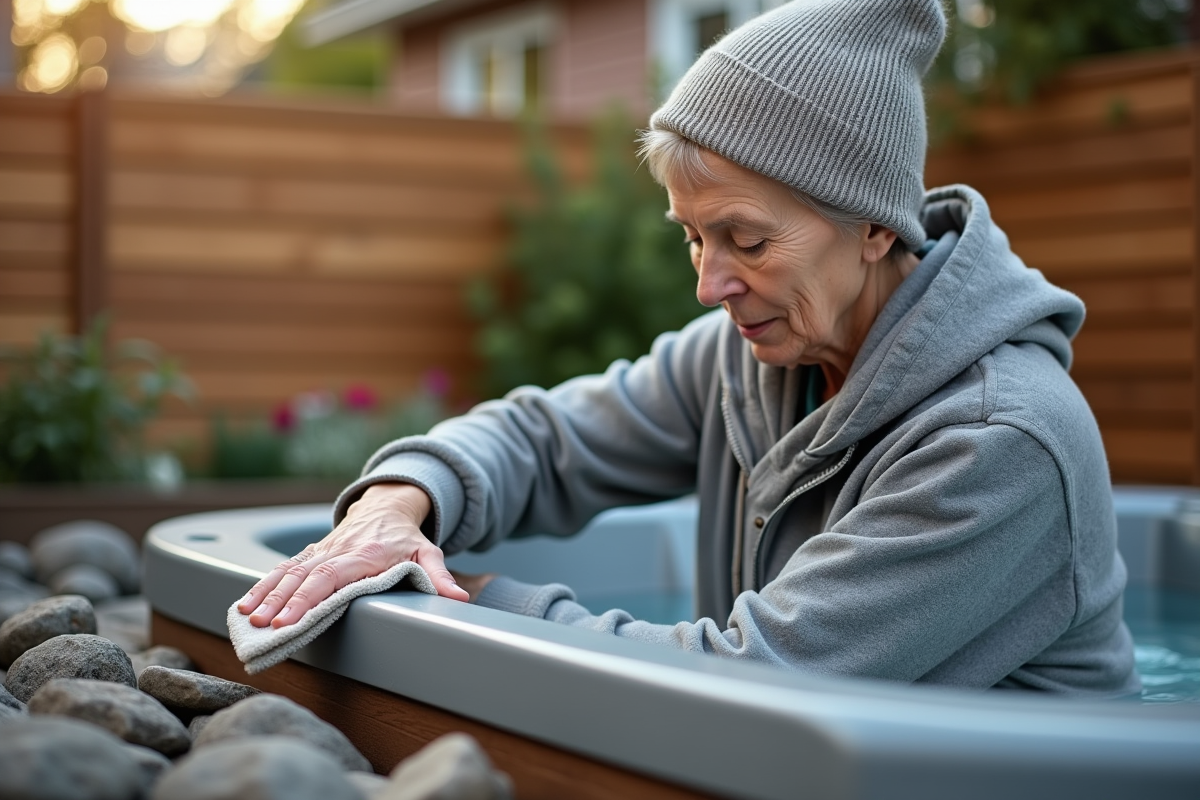 Femme nettoyant le chauffe-eau du spa dans le jardin