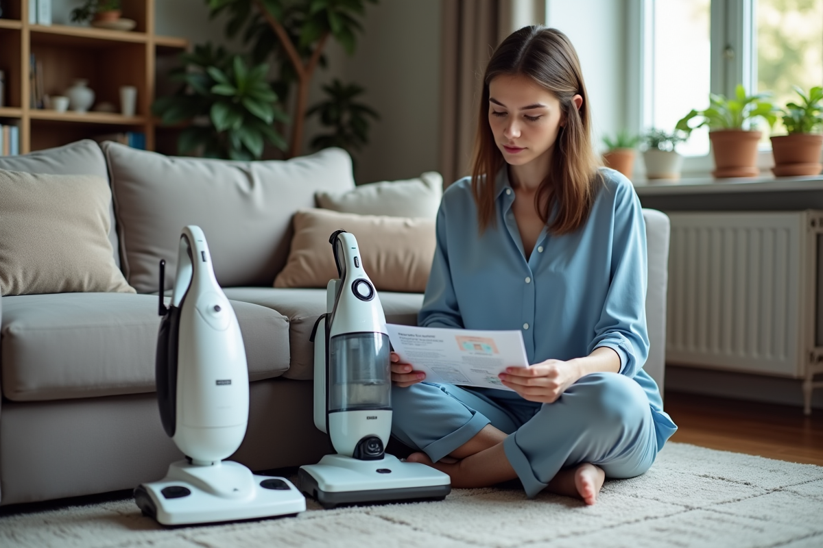 Femme lisant manuel de nettoyeur vapeur dans le salon