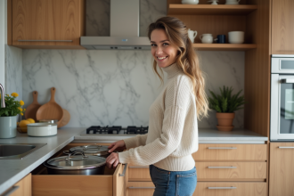 Femme organisant la cuisine moderne avec satisfaction