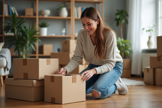 Femme organisée triant des cartons dans le salon
