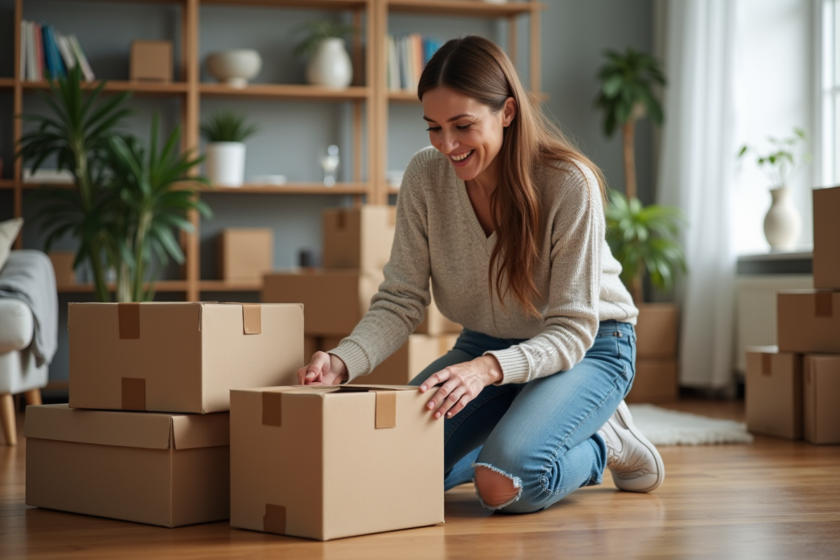 Femme organisée triant des cartons dans le salon