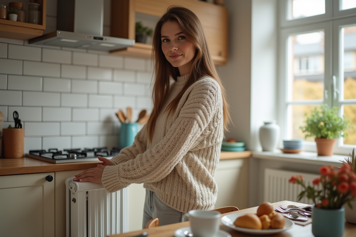 Jeune femme réglant un radiateur dans une cuisine lumineuse