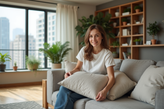 Femme repositionnant des coussins dans un salon moderne