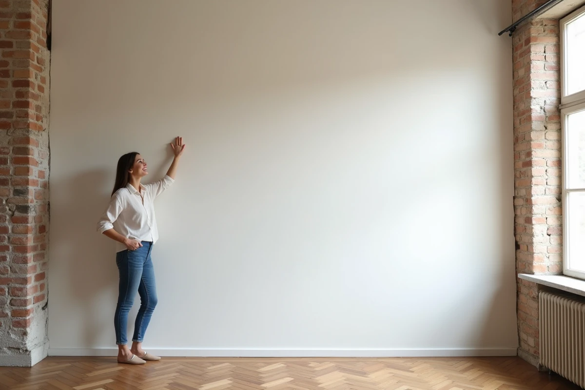 Jeune femme souriante devant un mur en placo r&eacute;nov&eacute;