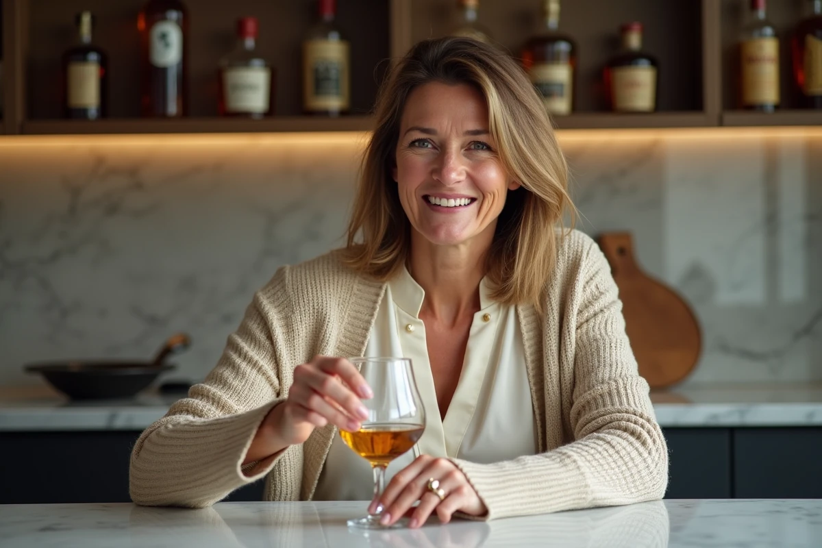Femme souriante d&eacute;gustant whisky dans la cuisine