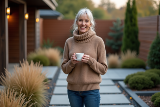 Femme souriante dans un jardin extérieur accueillant