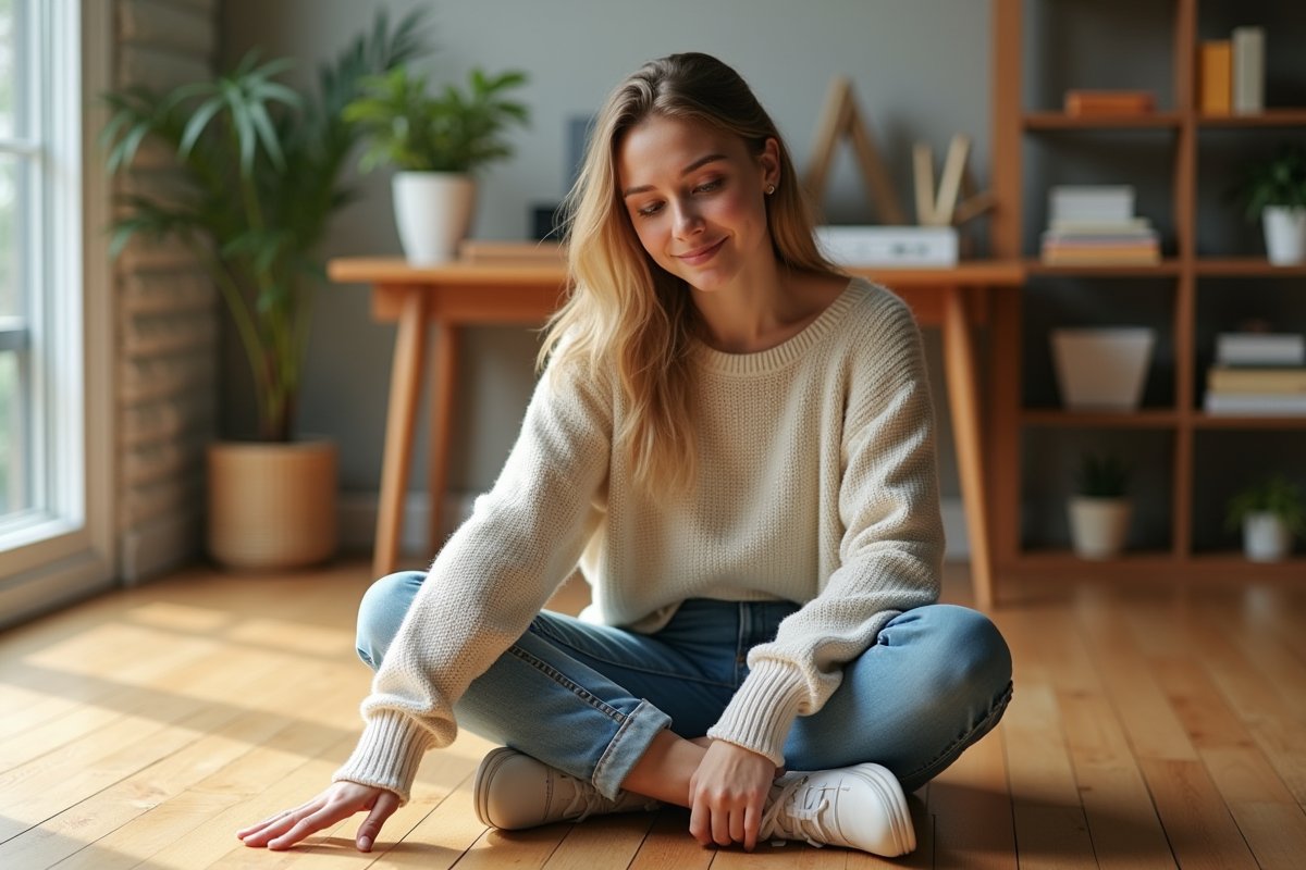 Jeune femme touche le sol en bois dans un espace de travail lumineux