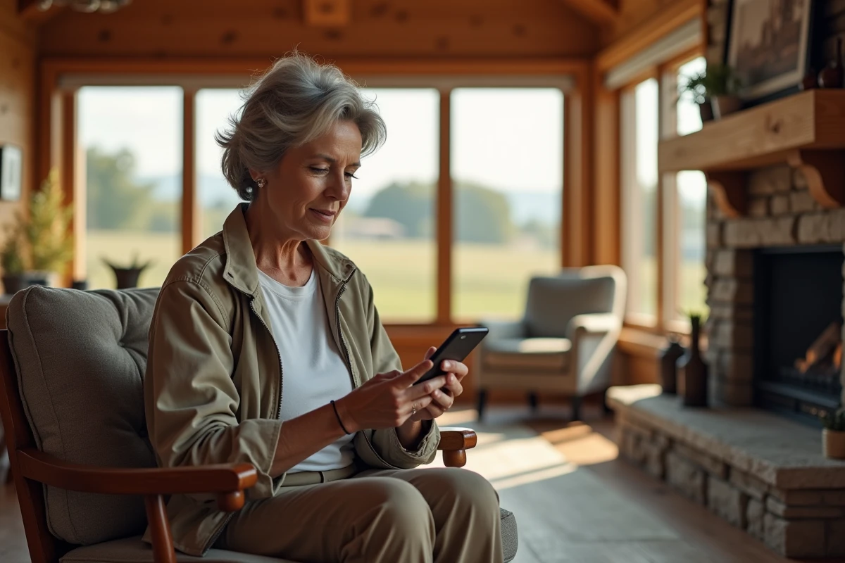 Femme utilisant une application de s&eacute;curit&eacute; sur son smartphone