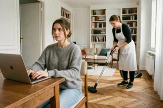 Femme en télétravail concentrée sur son ordinateur portable pendant qu'une femme de ménage fait le ménage en arrière-plan dans un appartement moderne