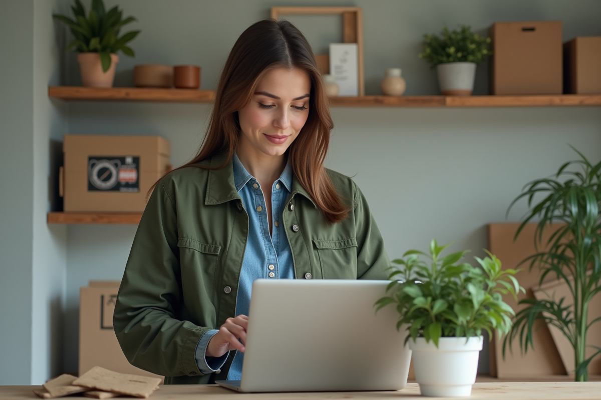 Jeune femme regardant un code promo sur son ordinateur dans un atelier maison
