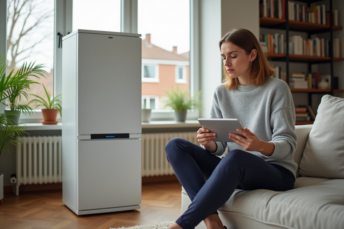 Jeune femme utilisant une tablette près de la chaudière dans le salon