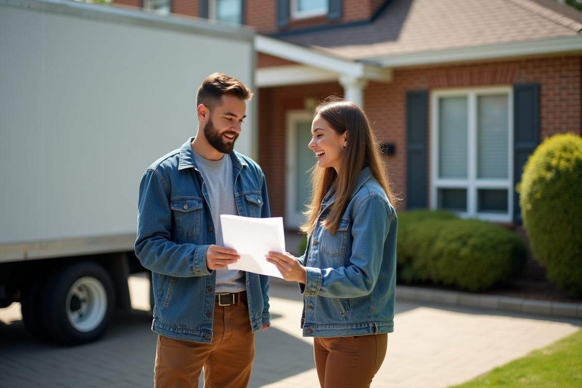 Jeune femme vérifiant une liste avec un déménageur devant un camion