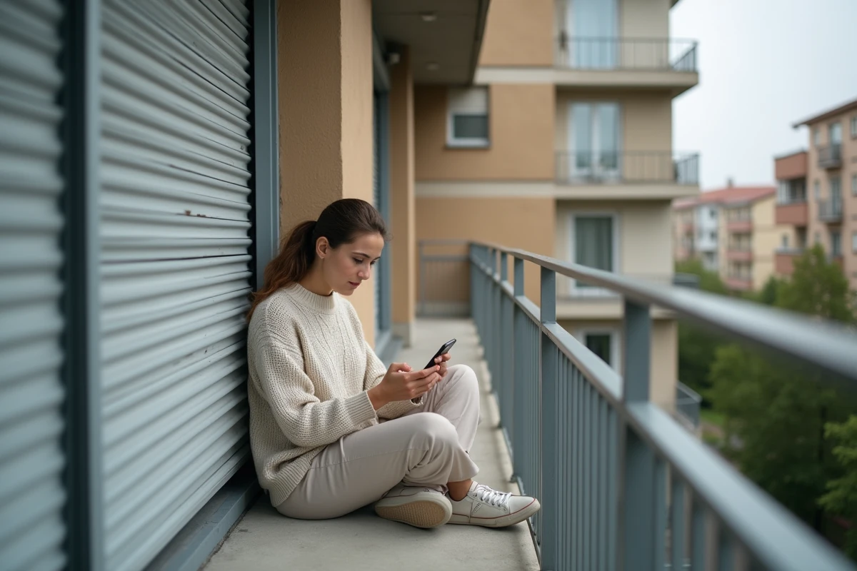 Femme regarde son volet roulant bloqué sur un balcon urbain