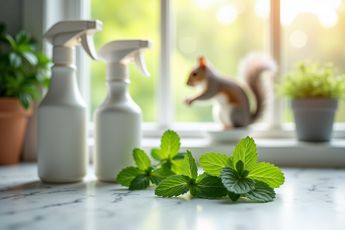 Feuilles de menthe fraîche et vaporisateurs de vinaigre blanc sur un plan de travail