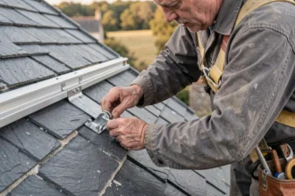Couvreur installant une fixation crochet inox sous ardoise pour panneau solaire sur toiture en pente
