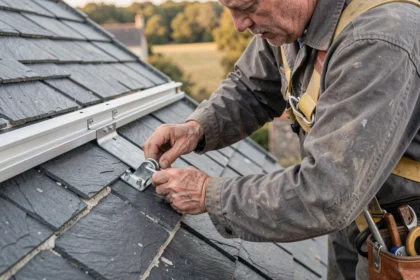 Couvreur installant une fixation crochet inox sous ardoise pour panneau solaire sur toiture en pente