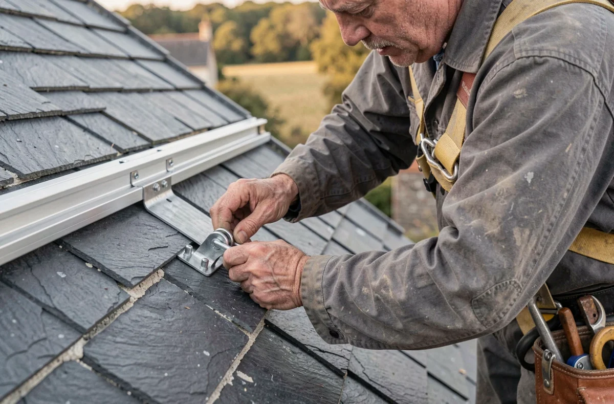 Couvreur installant une fixation crochet inox sous ardoise pour panneau solaire sur toiture en pente