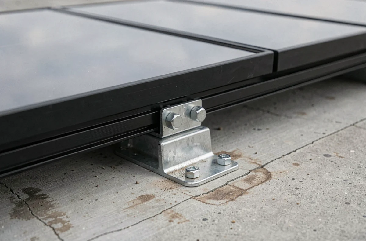 Détail de la fixation métallique d'un panneau solaire sur un toit-terrasse en béton avec membranes d'étanchéité