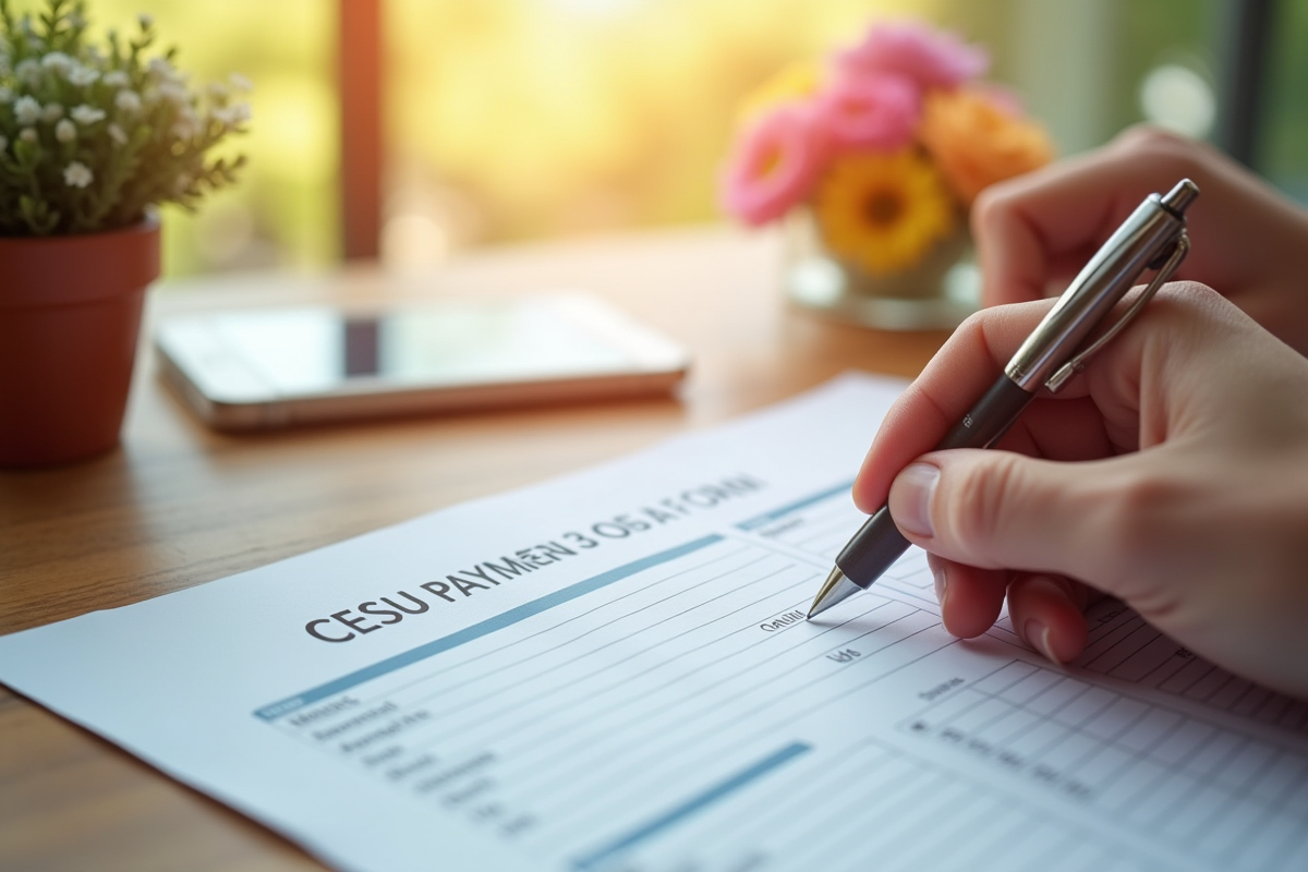 Mains tenant un formulaire CESU avec des fleurs sur une table en bois