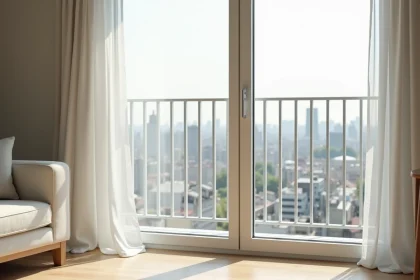 Grillage de protection fenêtre blanc installé à l'intérieur d'un appartement moderne avec vue sur la ville
