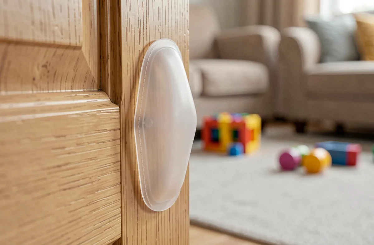 Gros plan sur un anti pince-doigt en silicone transparent fixé sur le bord d'une porte en bois dans un intérieur familial