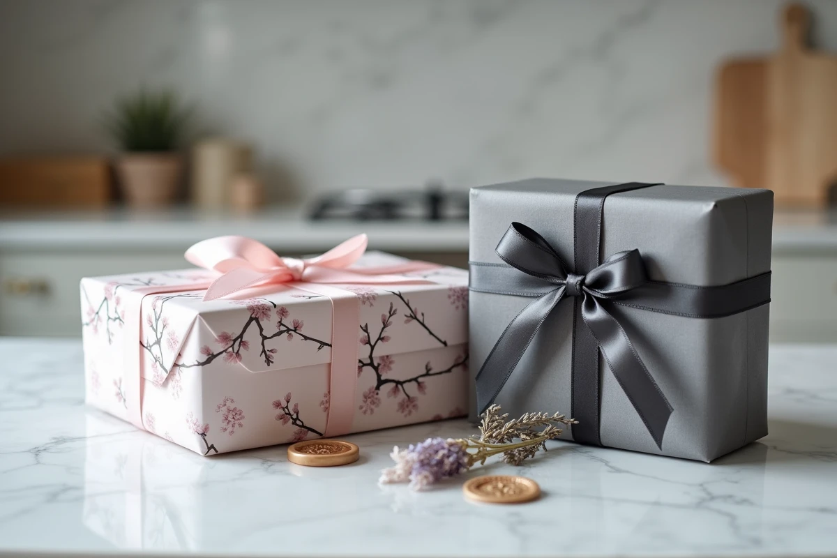 Gros plan sur deux boîtes cadeaux vides, une imprimée motifs fleuris et une unie gris métal, posées sur un comptoir en marbre