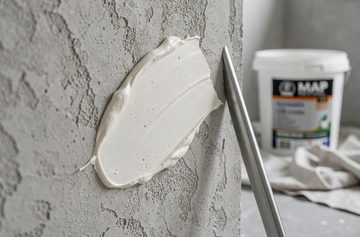 Gros plan sur l'application du map comme enduit de finition sur un mur avant peinture