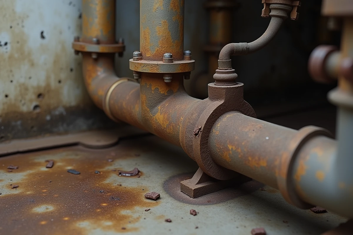 Gros plan sur une fuite d'huile fioul au niveau du raccord de chaudière avec traces de corrosion