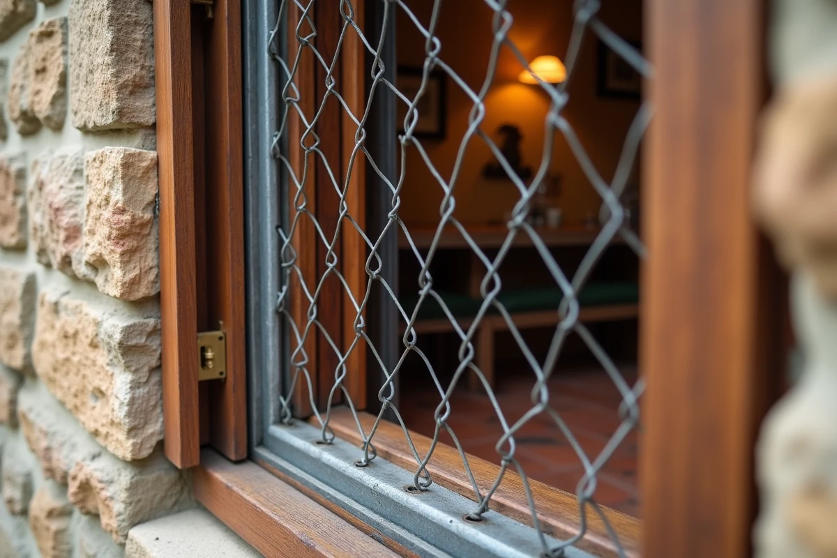 Gros plan d'un grillage de protection fenêtre en métal galvanisé sur une maison en pierre traditionnelle