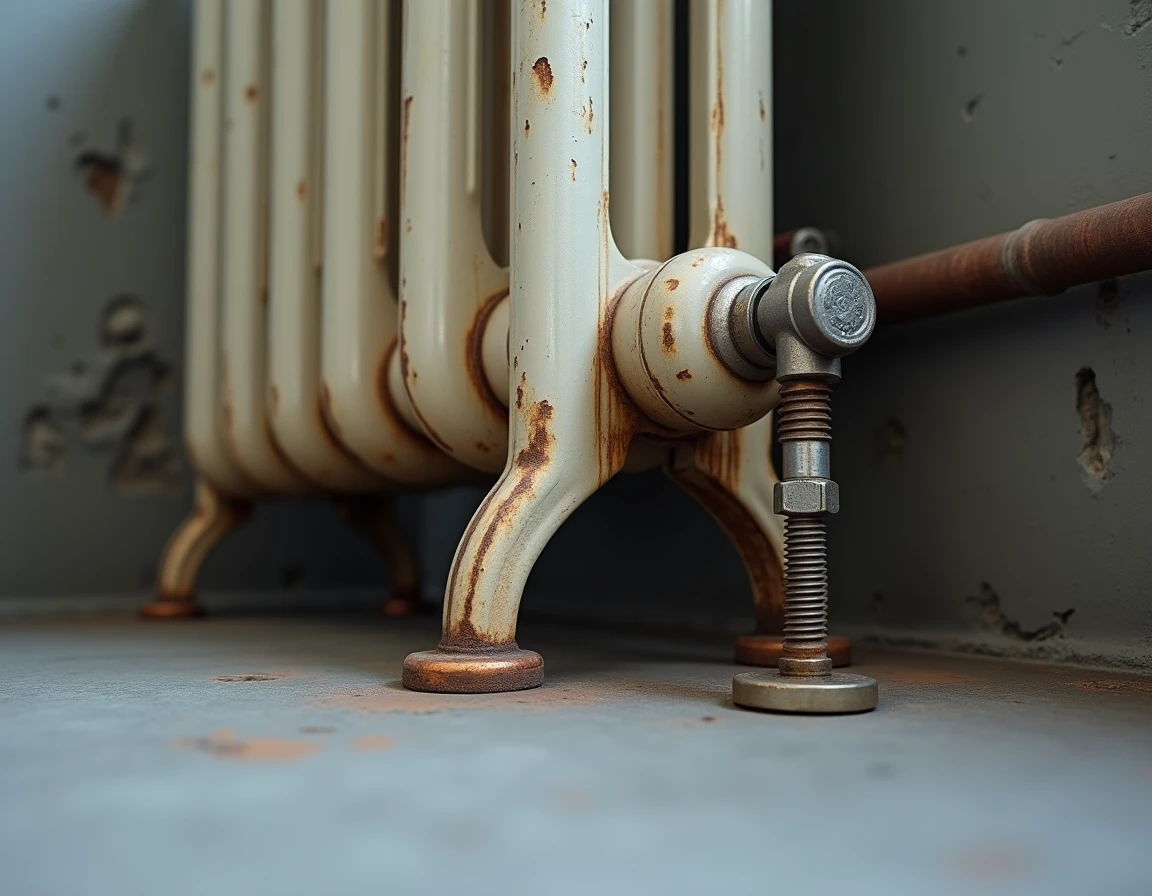 Gros plan sur les pieds stabilisateurs r&eacute;glables fix&eacute;s &agrave; la base d'un vieux radiateur en fonte sur sol b&eacute;ton