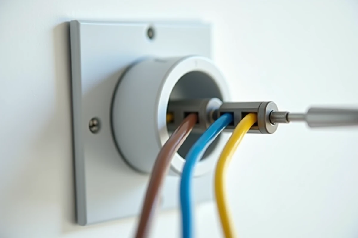 Gros plan sur une prise électrique murale ouverte avec trois fils colorés (marron, bleu, vert-jaune) insérés dans leurs bornes respectives