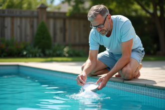 Homme d'âge moyen ajoutant du bicarbonate dans une piscine extérieure