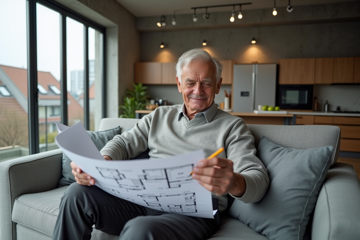 Homme examine un plan dans un salon urbain moderne
