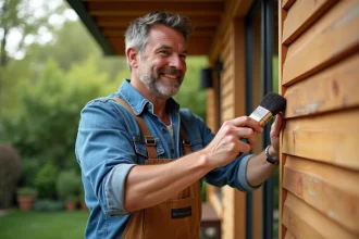 Homme appliquant de l'huile de lin sur un panneau en bois