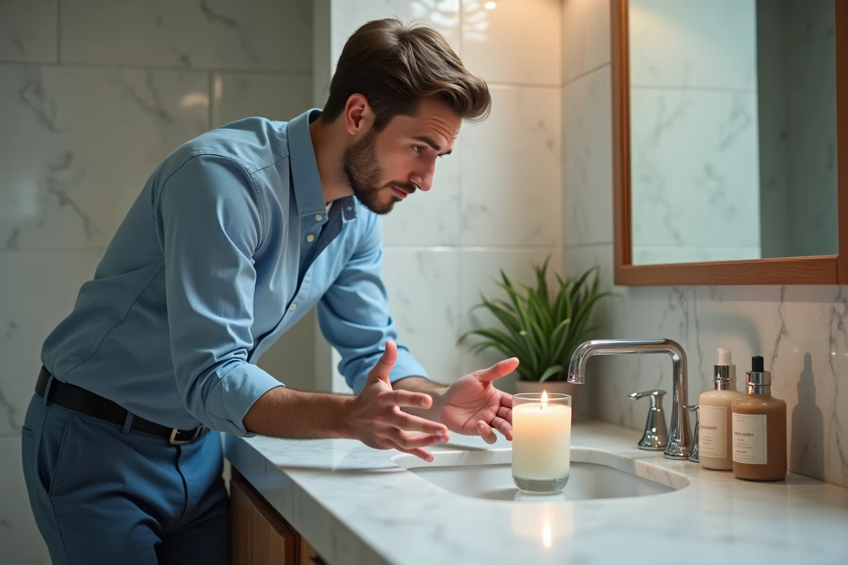 Homme examine bougie dans salle de bain