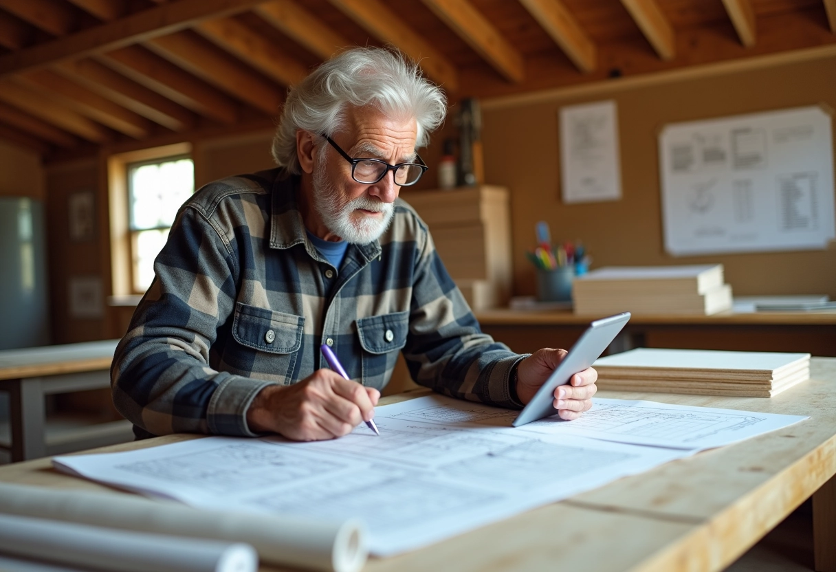 Retraite homme &eacute;tudie plans et tablette en atelier