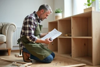 Un homme d'une quarantaine d'années assembles seul une étagère en bois dans son salon, illustrant le besoin d'aide pour les travaux de bricolage à domicile