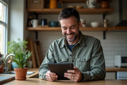 Homme d'âge moyen lisant une tablette dans sa cuisine chaleureuse