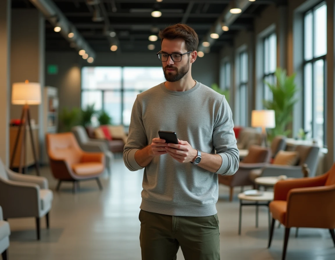 Homme consultant un code promo sur son smartphone dans un showroom de meubles design contemporain avec chaises et tables en bois