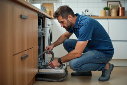 Homme connecté aux tuyaux d'eau dans une cuisine moderne