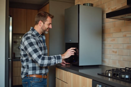 Homme d'âge moyen vérifiant la chaudière moderne dans la cuisine