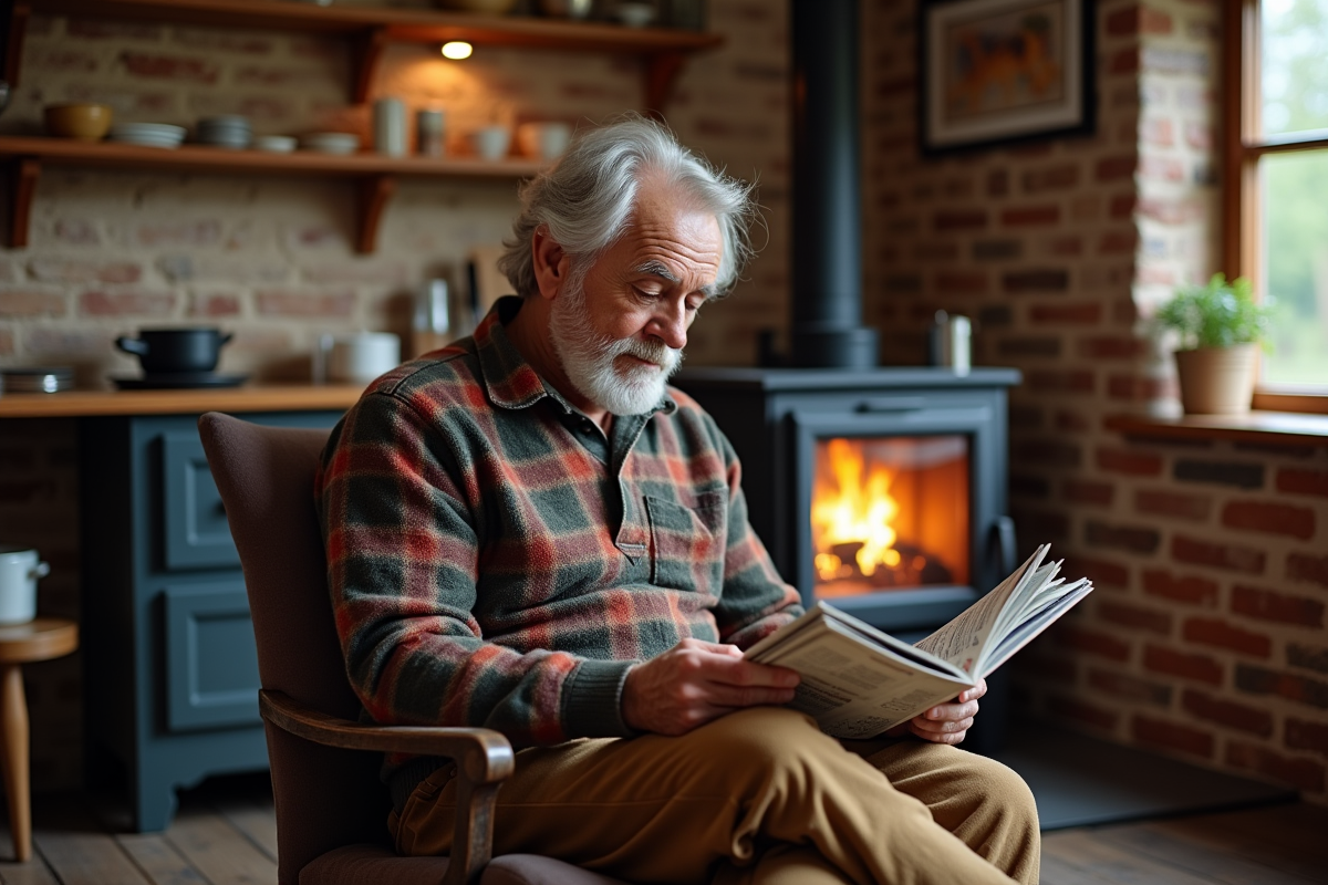 Homme âgé lisant dans une cuisine rurale avec poêle à pellets