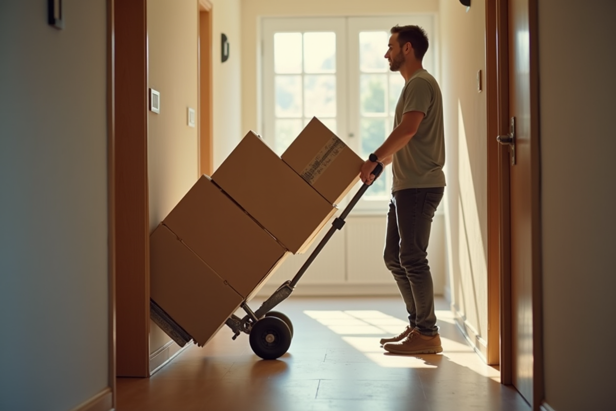 Homme utilisant un chariot pour déplacer des cartons dans un couloir