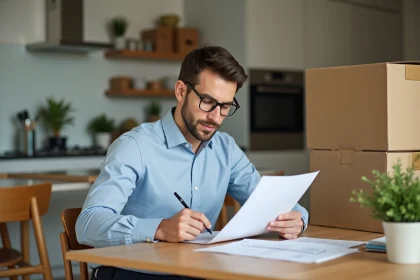 Homme remplissant un formulaire de déménagement dans un appartement