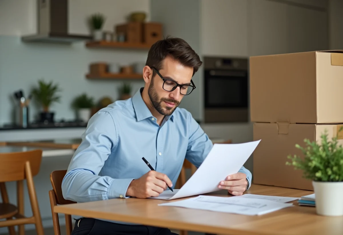 Homme remplissant un formulaire de déménagement dans un appartement