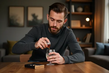 Homme vers 40 ans dégustant whisky à la maison