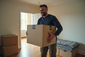 Homme professionnel en train de manipuler une boîte dans un salon lumineux