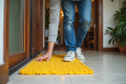 Homme d'âge moyen posant un tapis antidérapant à l'entrée
