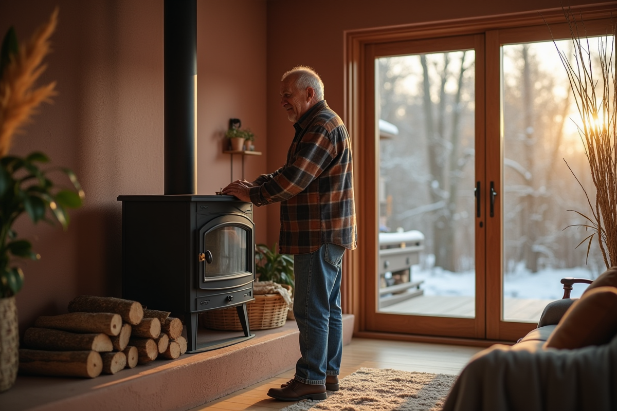 Homme retraité ajoutant du bois dans un chauffage moderne