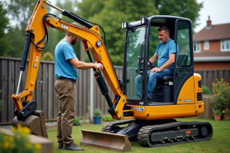 Homme inspectant une mini excavatrice dans son jardin